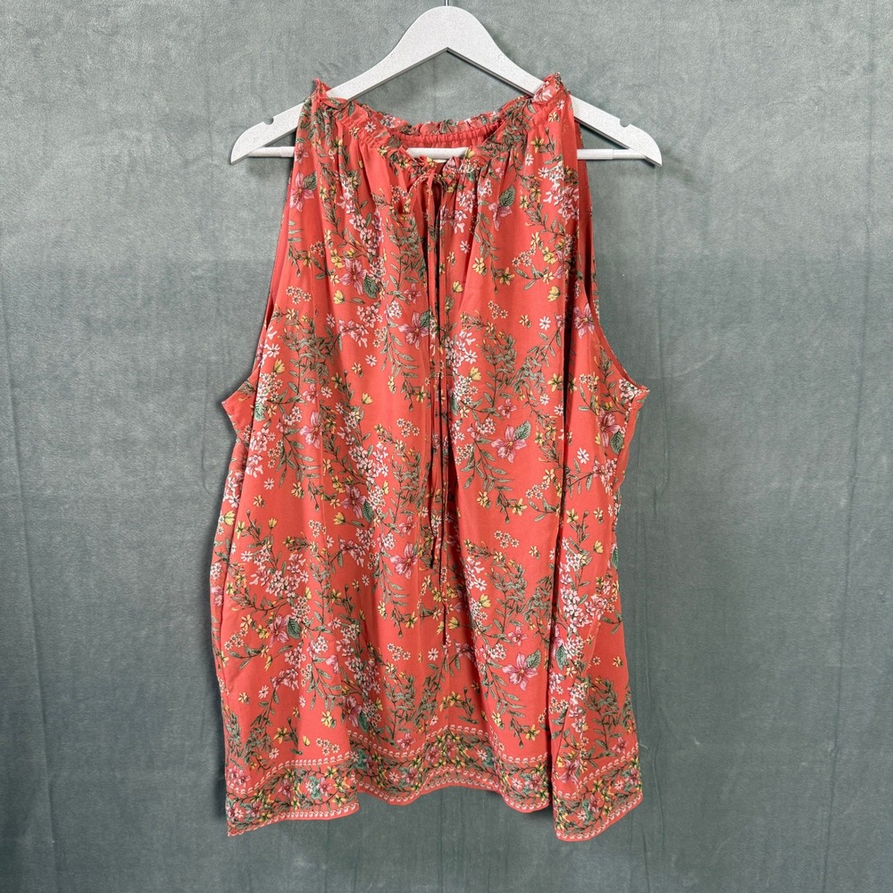 Max Studio Womens Top Plus 2X Coral Floral Ruffle Tie Neck Sleeveless Lined